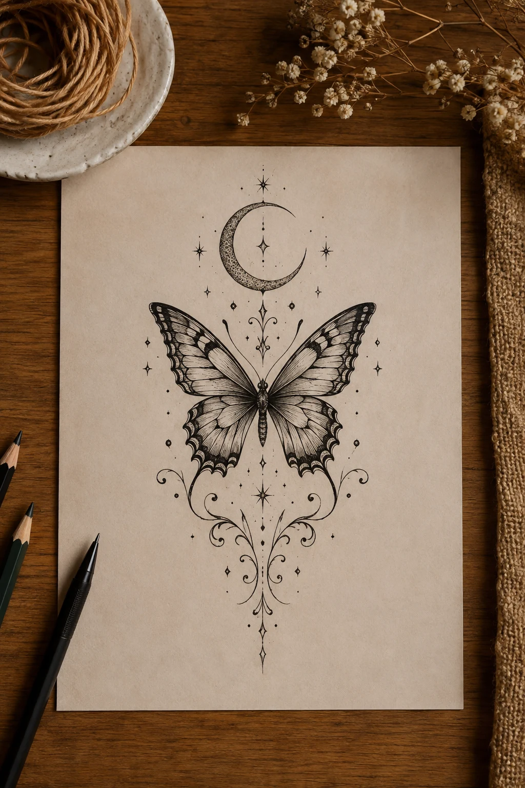 Butterfly Lower Back Tattoo With a Crescent Moon — butterfly lower back tattoo style outfit