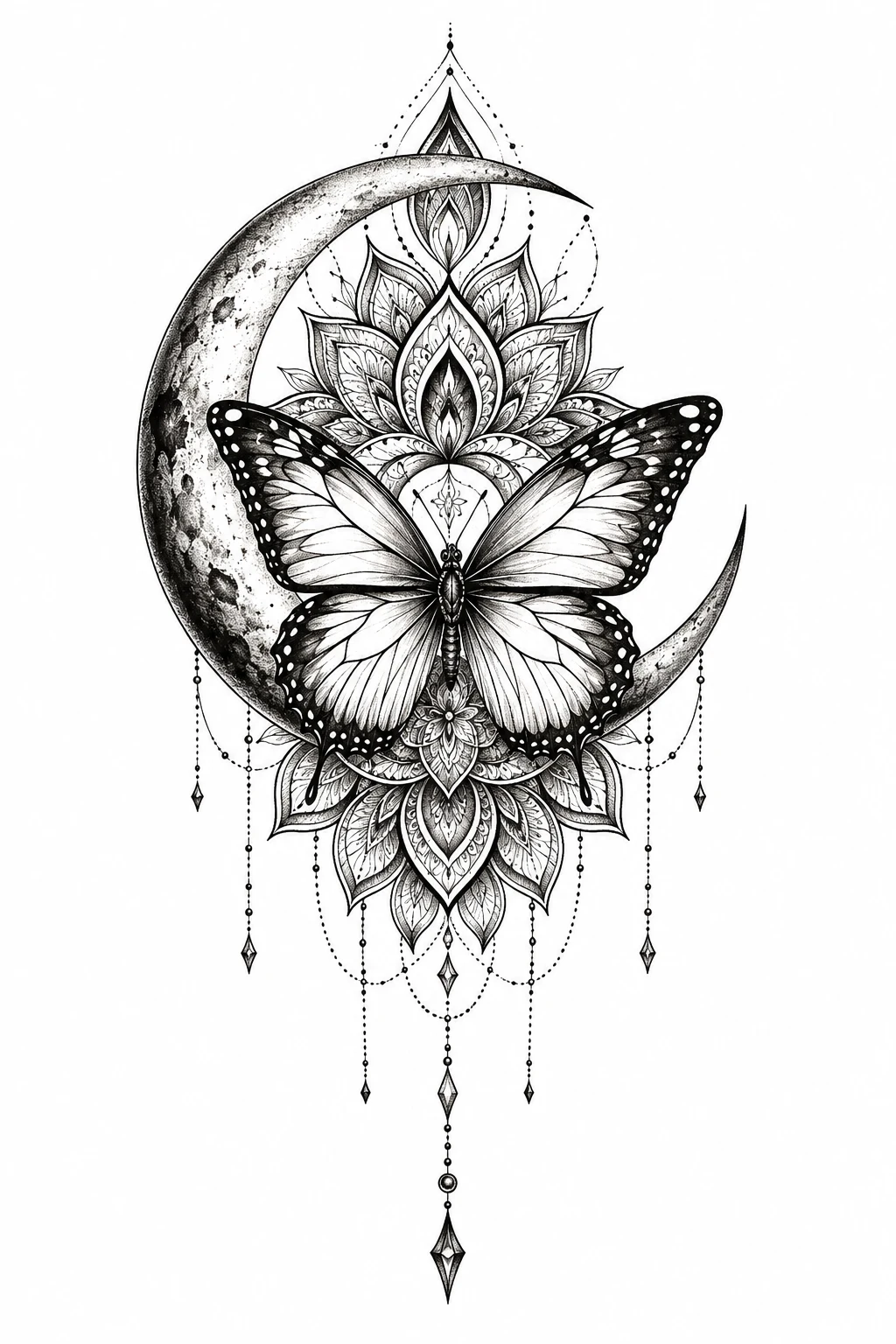 Moon and Butterfly Mandala Tattoo — butterfly mandala tattoo style outfit