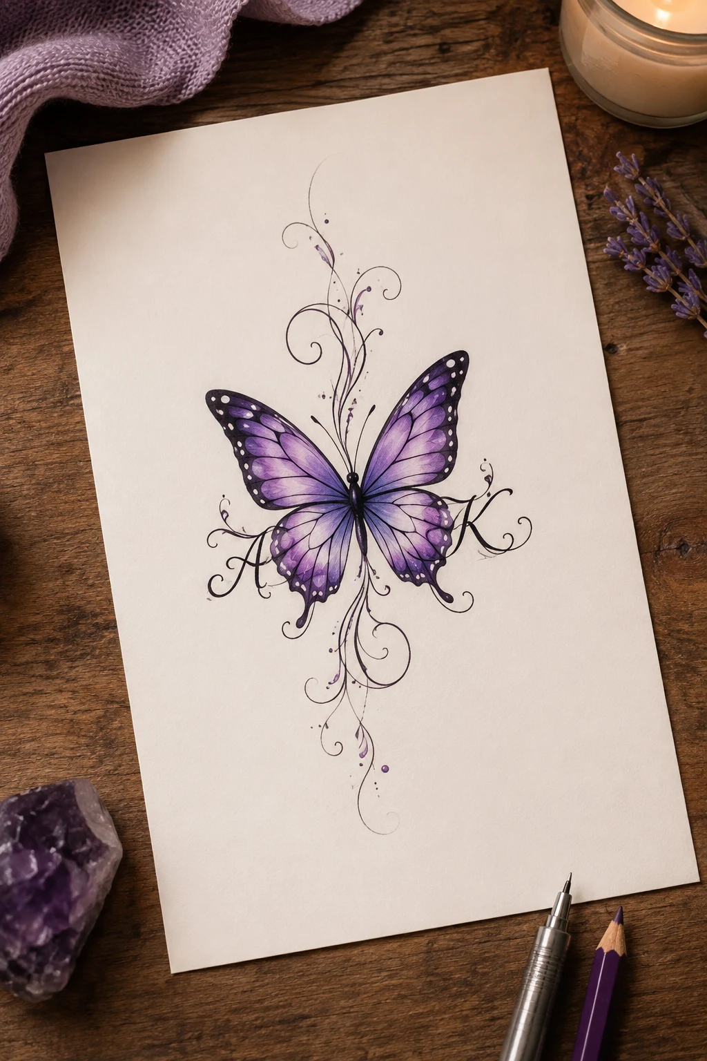Purple Butterfly With Initials — butterfly memorial tattoo ideas style outfit