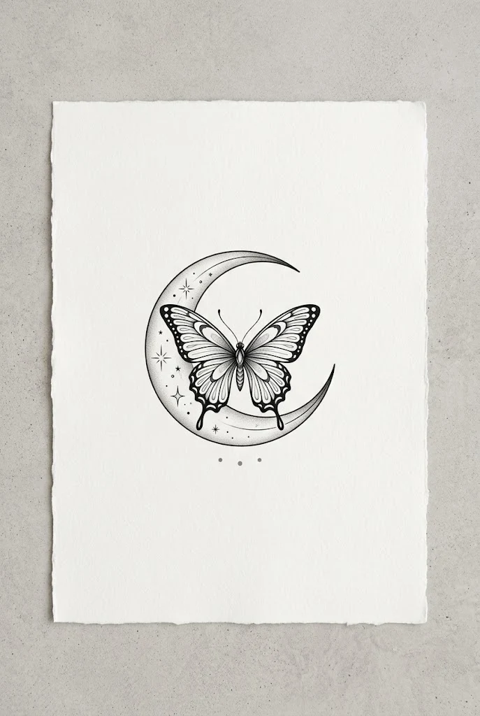 Crescent Moon and Fine-Line Butterfly Moon Tattoo — butterfly moon tattoo style outfit