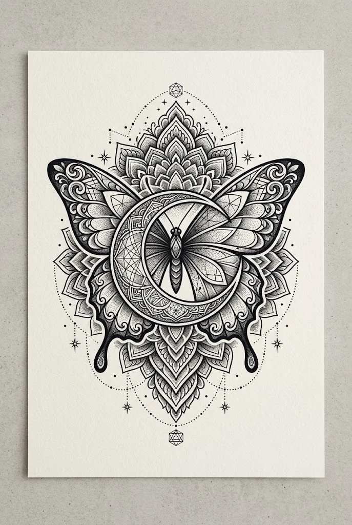 Ornamental Mandala Butterfly Moon Tattoo — butterfly moon tattoo style outfit