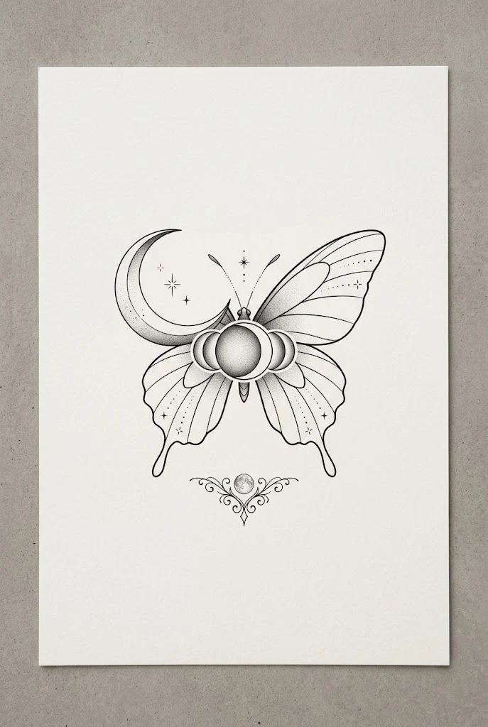 Minimalist Eclipse Butterfly Moon Tattoo — butterfly moon tattoo style outfit