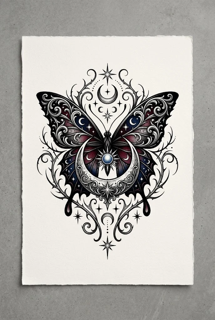 Gothic Celestial Butterfly Moon Tattoo Design — butterfly moon tattoo style outfit