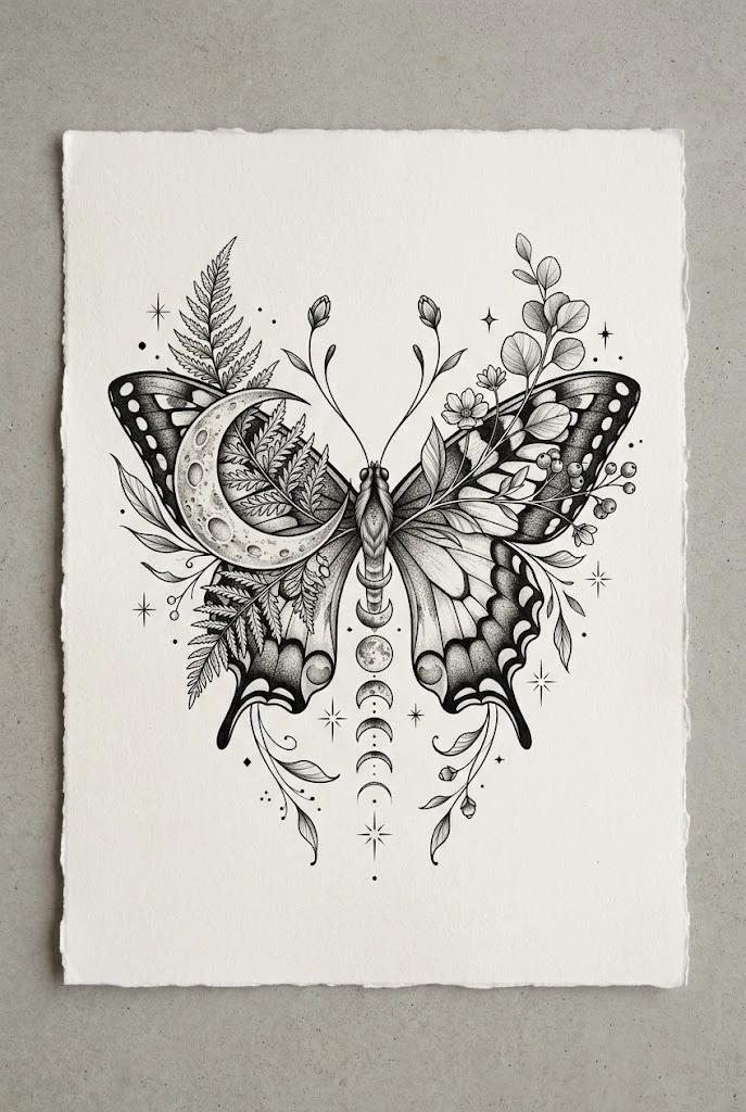 Botanical Swallowtail Butterfly Moon Tattoo — butterfly moon tattoo style outfit