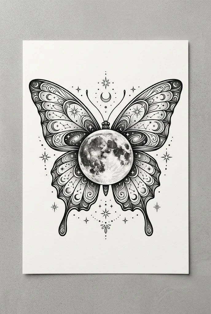 Full Moonlight Butterfly Art Fusion — butterfly moon tattoo style outfit