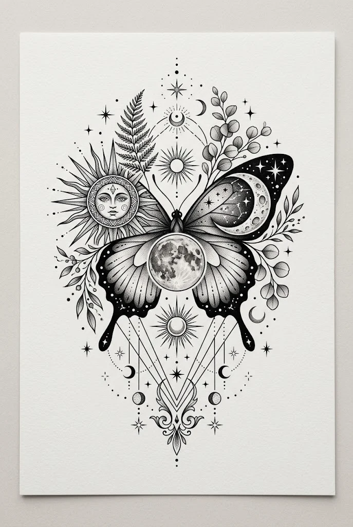 Butterfly Sun Moon Tattoo Balance — butterfly moon tattoo style outfit