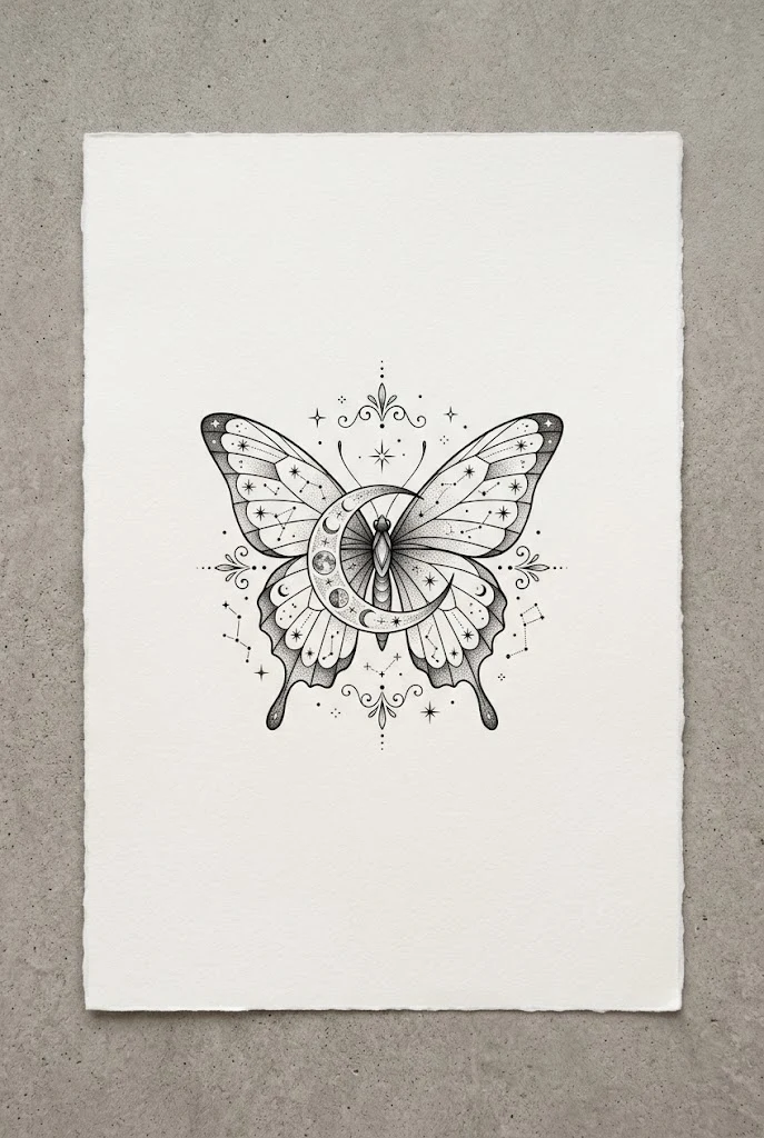 Micro Fine-Line Papillon Lune Tattoo — butterfly moon tattoo style outfit