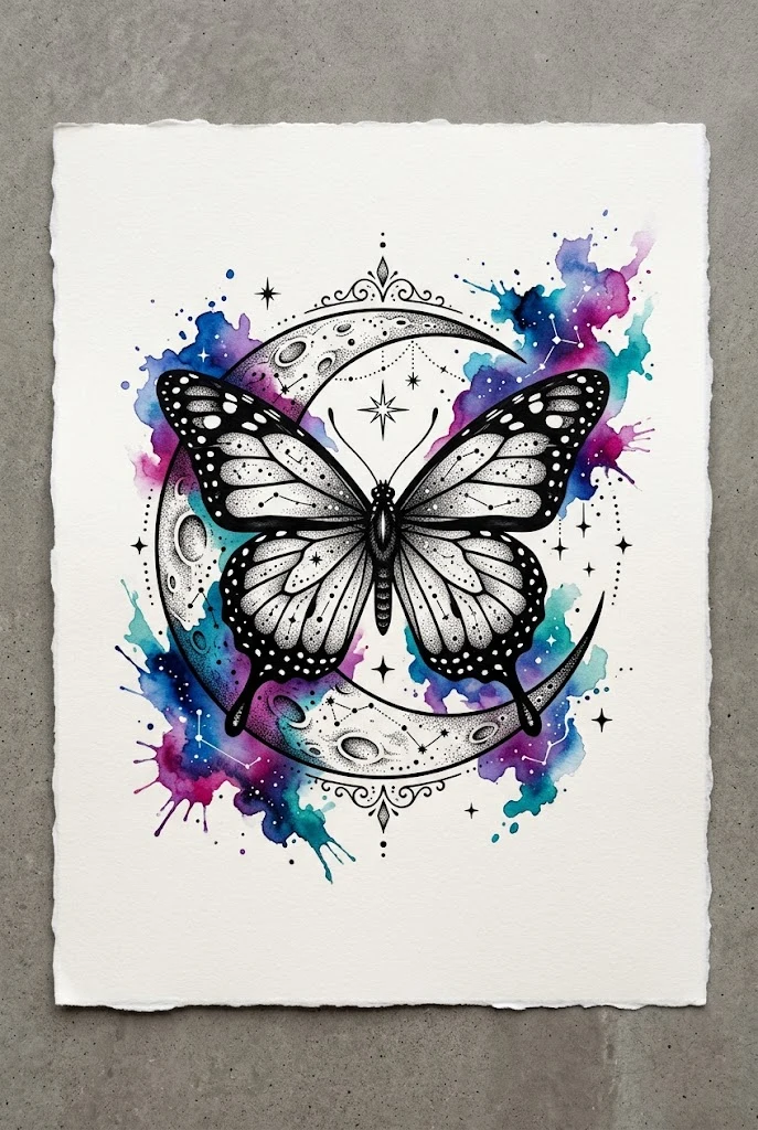 Watercolor Celestial Butterfly Moon Art — butterfly moon tattoo style outfit