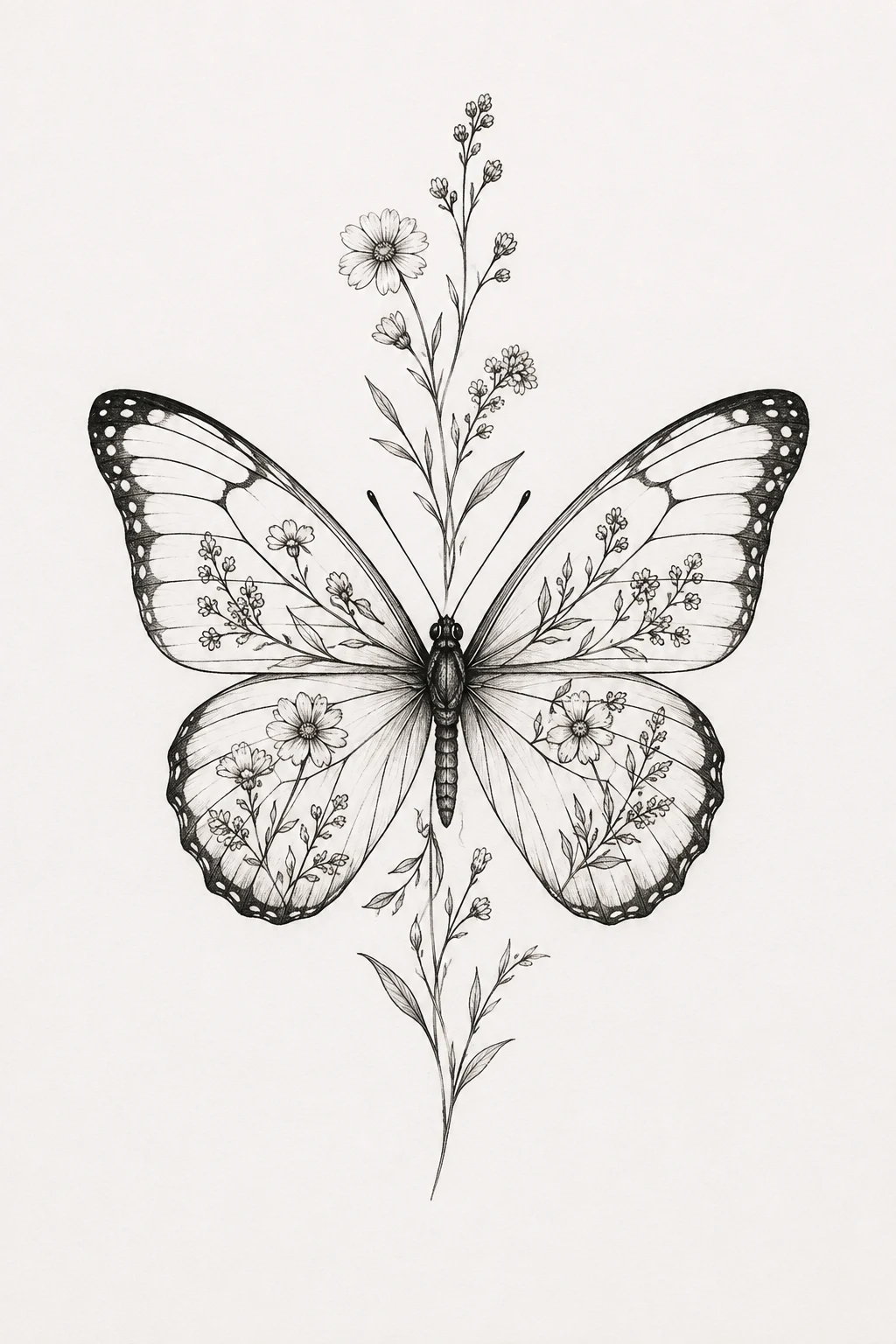 Butterfly With Wildflower Details — butterfly outline tattoo style outfit