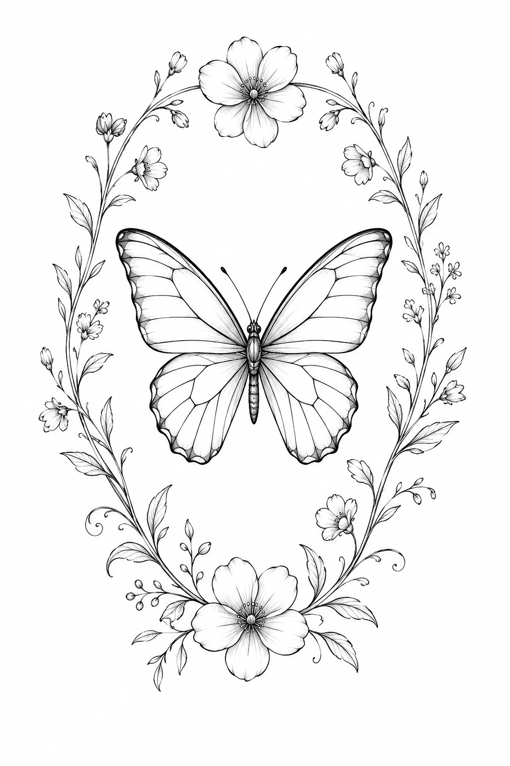 Butterfly Outline Tattoo for Women With a Floral Frame — butterfly outline tattoo style outfit