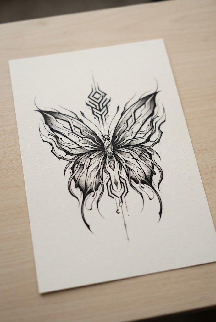 Cyber-Sigilism Futurist Fusion — butterfly tattoo back of arm style outfit