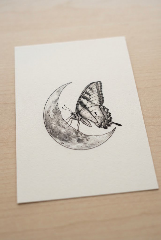 Minimalist Micro-Realism Portrait — butterfly tattoo back of arm style outfit
