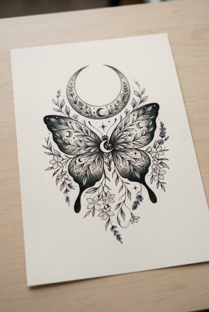 Botanical Moon Garden Fusion — butterfly tattoo back of arm style outfit