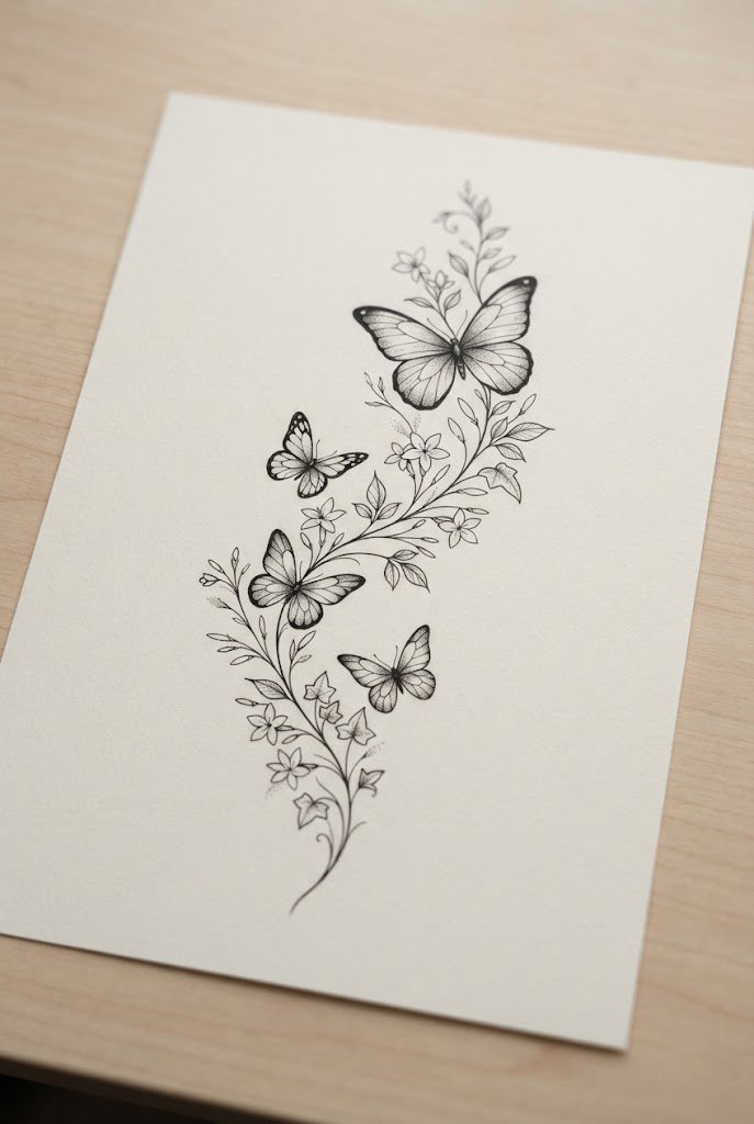 Botanical Vine Trail — butterfly tattoo back of arm style outfit