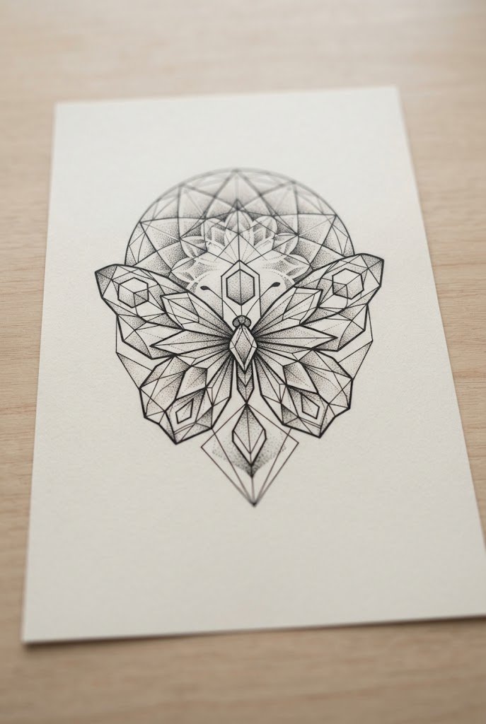 Geometric Sacred Symmetry — butterfly tattoo back of arm style outfit