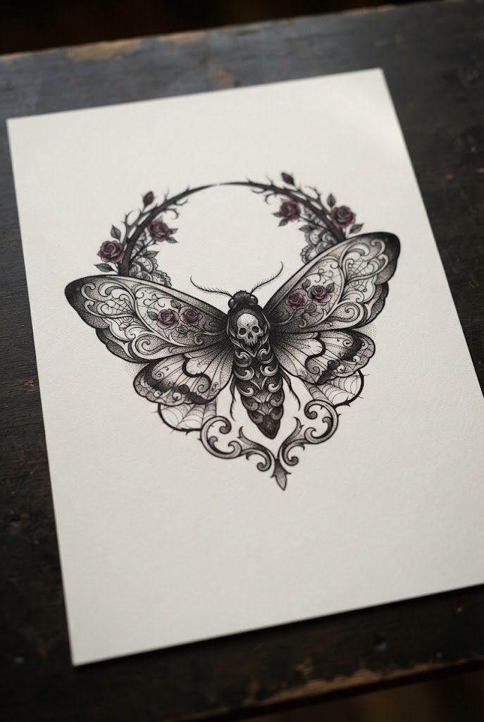 Gothic Dark Romance Moth — butterfly tattoo back of arm style outfit