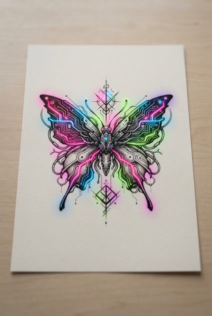 Neon Cyberpunk Glow — butterfly tattoo back of arm style outfit