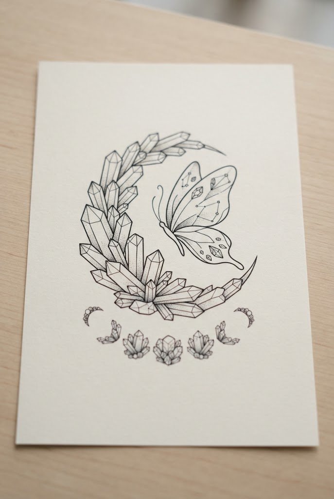 Crystal Cluster Lunar Phase — butterfly tattoo back of arm style outfit