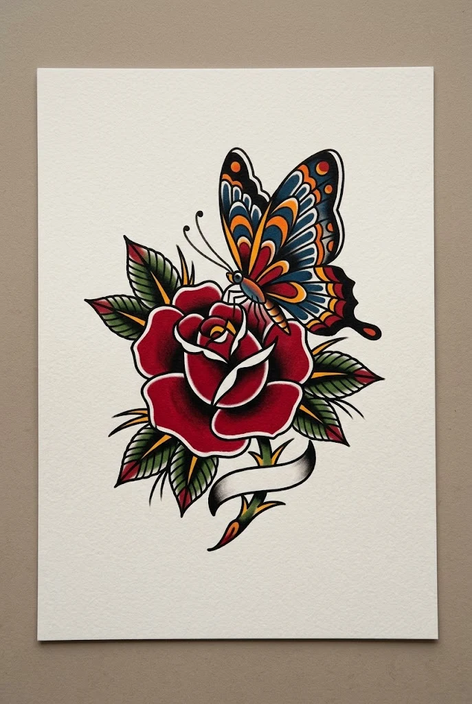 Traditional American Red Rose & Butterfly — butterfly tattoo designs for women style outfit