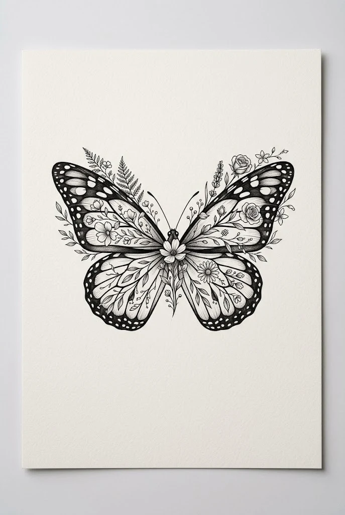 Fine Line Butterfly Tattoo Drawing with Botanical Fusion — butterfly tattoo drawing style outfit