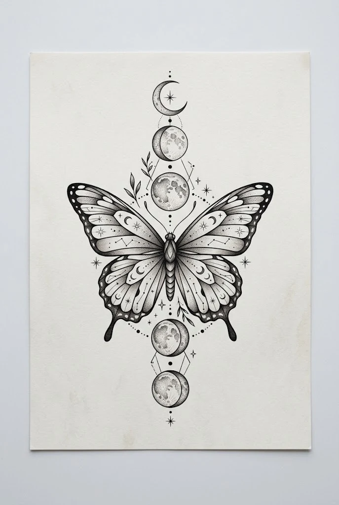 Celestial Moon Phase Butterfly Art — butterfly tattoo drawing style outfit