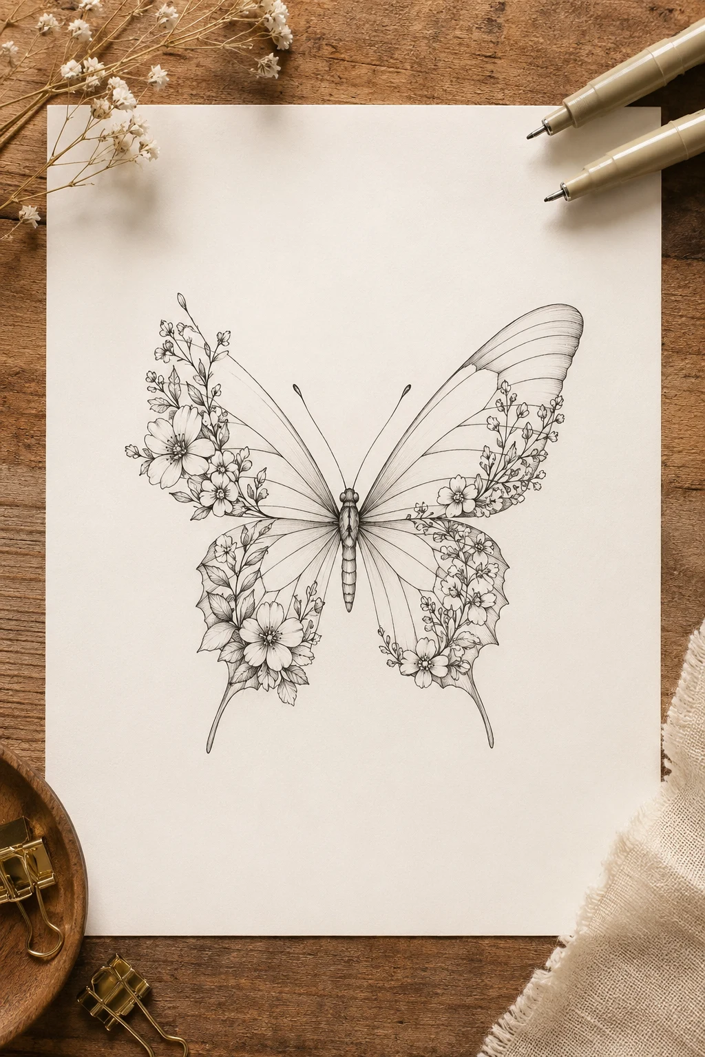 Butterfly With Tiny Birth Flowers — butterfly tattoo fine line style outfit