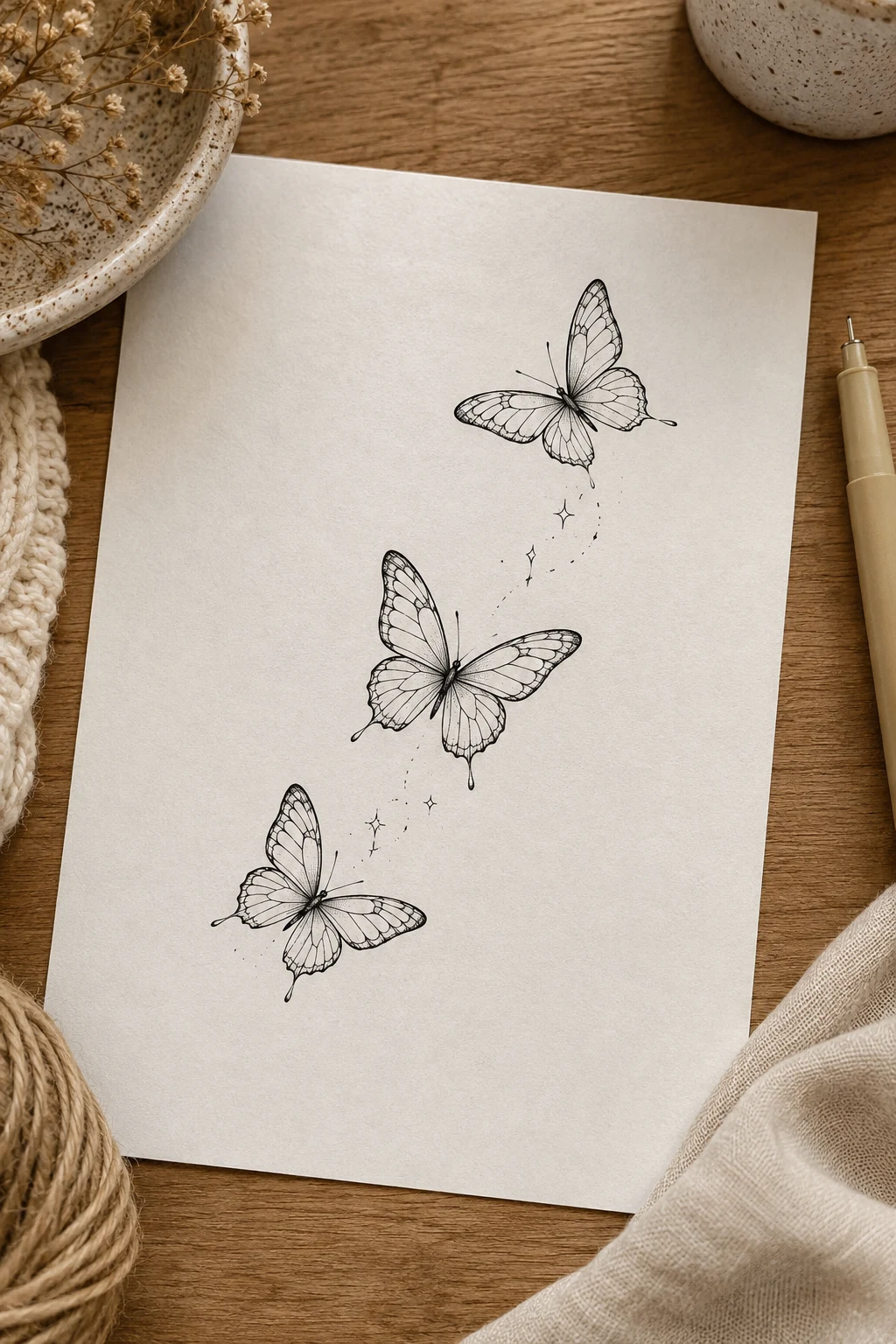 Three Butterflies in Flight — butterfly tattoo fine line style outfit