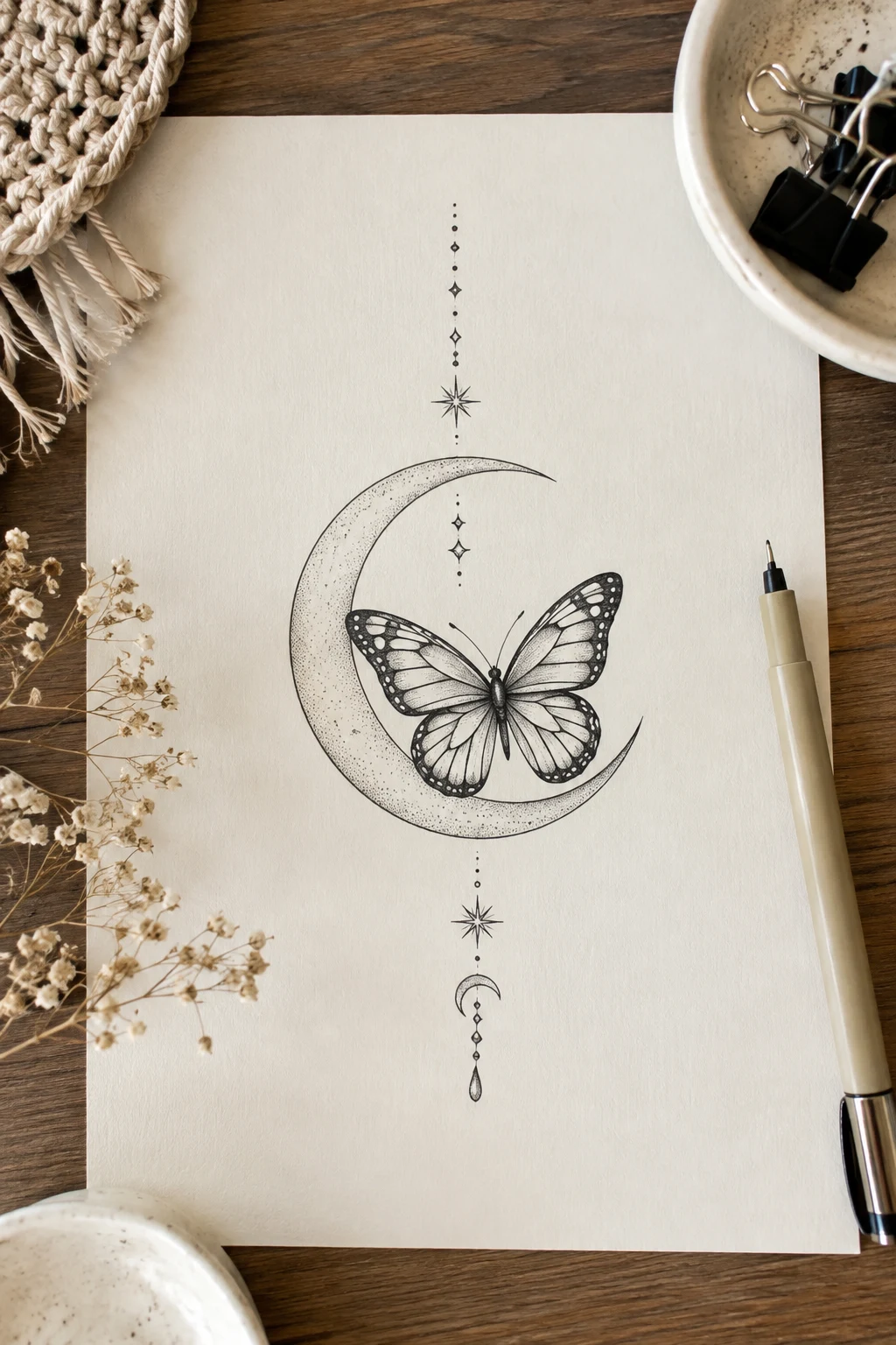 Crescent Moon Butterfly — butterfly tattoo fine line style outfit