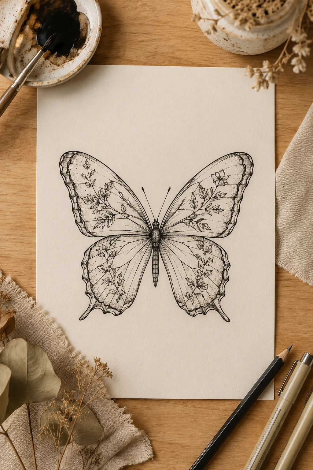 Botanical Wing Details — butterfly tattoo fine line style outfit