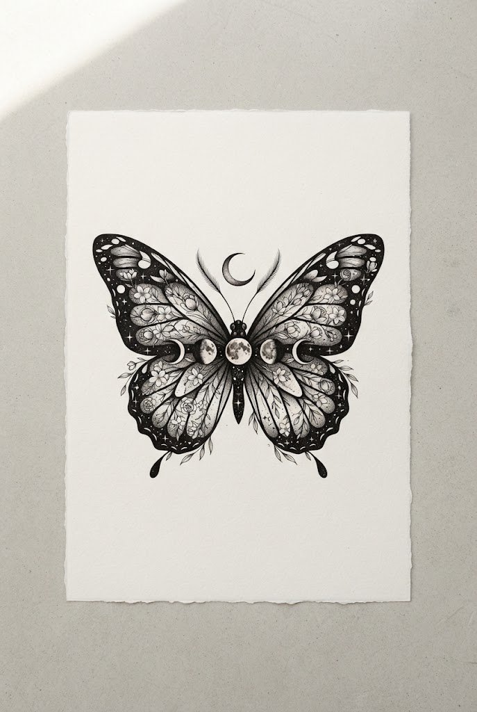 Celestial Moon-Phase Metamorphosis — butterfly tattoo finger style outfit