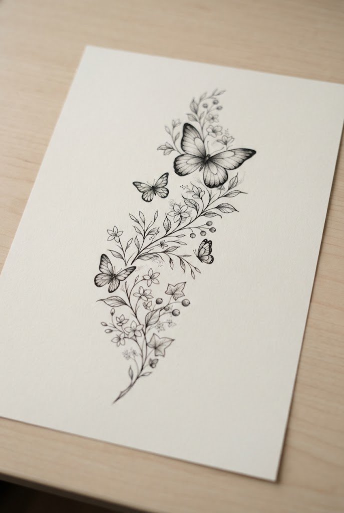 Botanical Vine Trail Featuring A Butterfly Tattoo For Women — butterfly tattoo for women style outfit