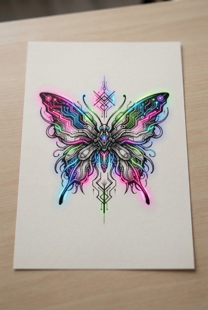 Neon Cyberpunk Glow — butterfly tattoo for women style outfit