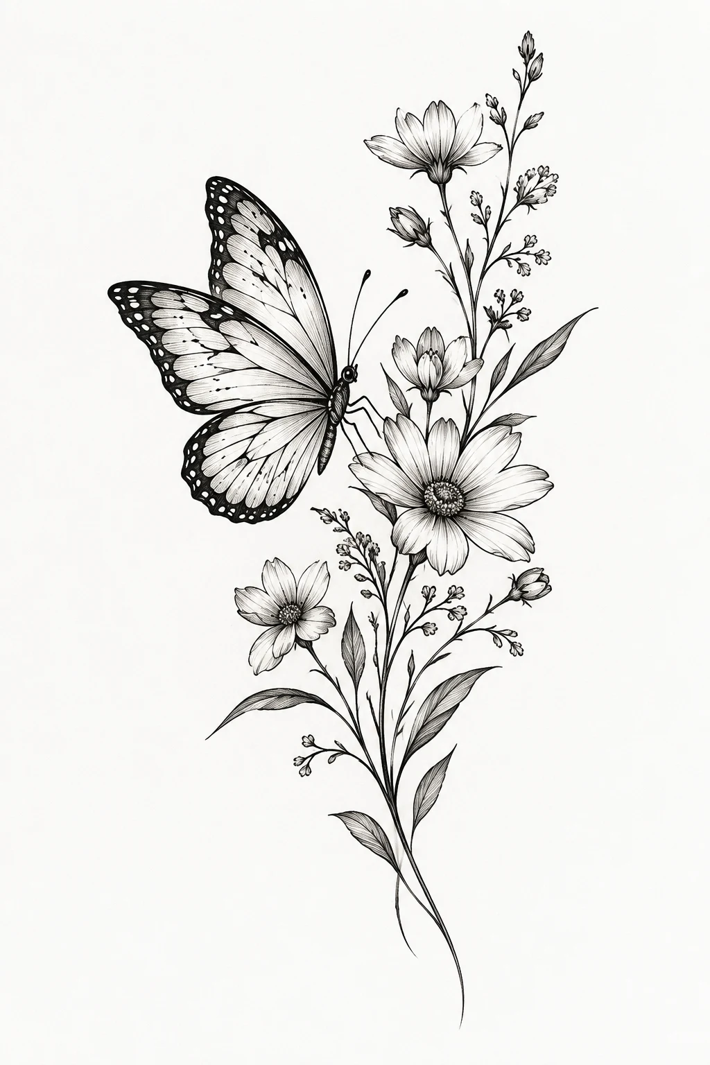 Butterfly With Wildflower Stem — butterfly tattoo line art style outfit
