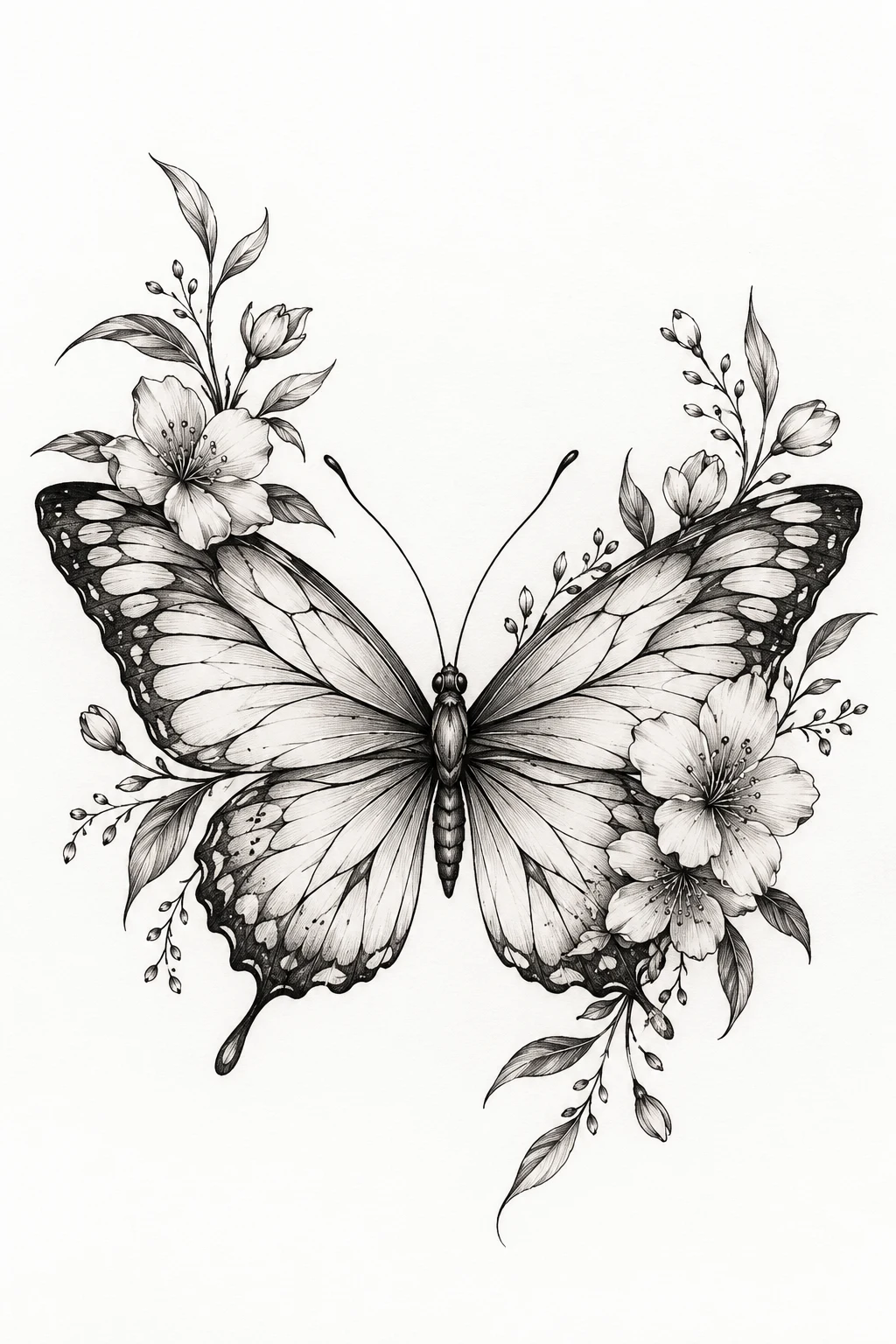 Butterfly Tattoo Line Drawing With Floral Details — butterfly tattoo line art style outfit