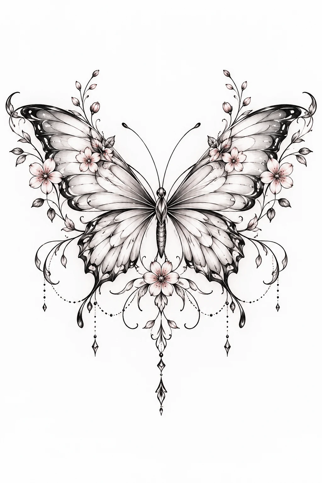 Fine-Line Butterfly With Tiny Flowers — butterfly tattoo lower back style outfit