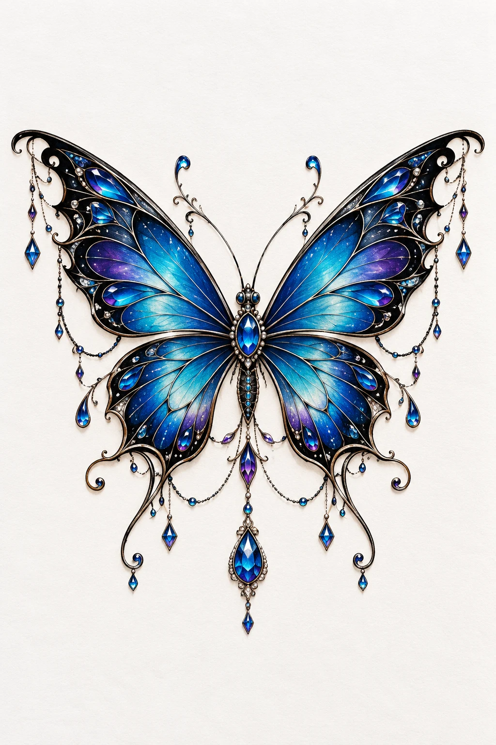 Blue Butterfly With Jewel-Tone Wings — butterfly tattoo lower back style outfit