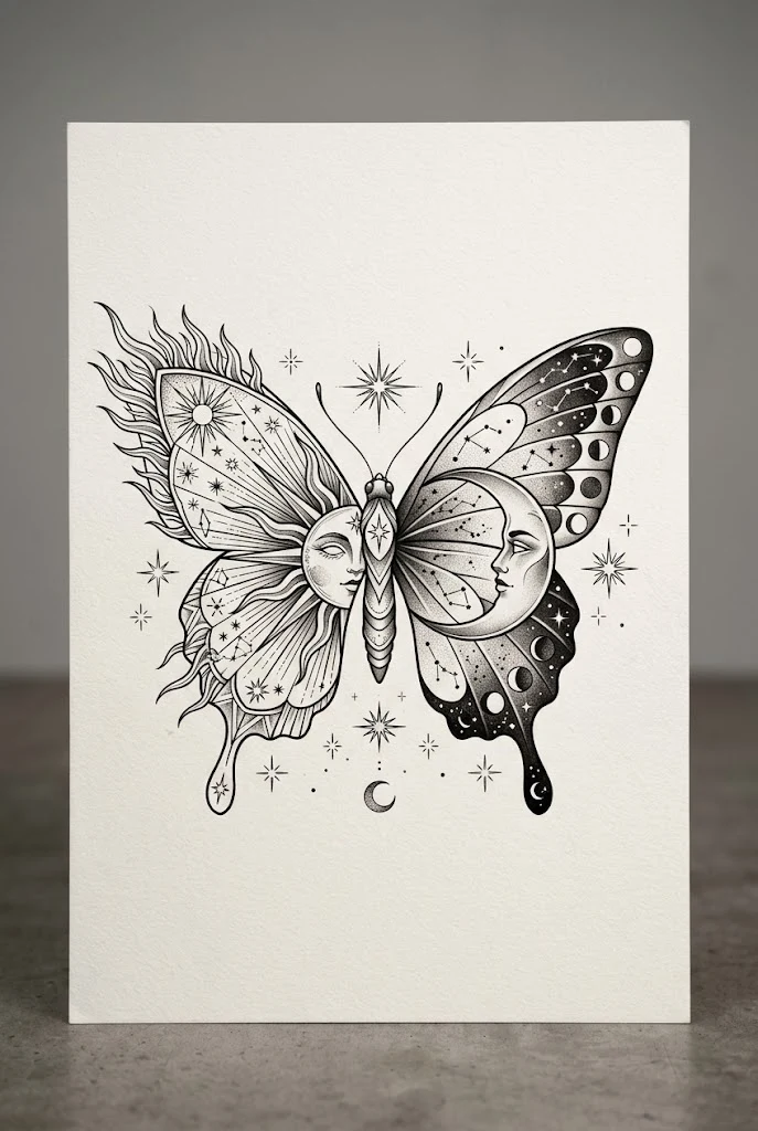 Celestial Sun and Moon Wings — butterfly tattoo on chest style outfit