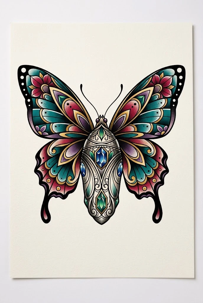 Neo-Traditional Gemstone Chrysalis — butterfly tattoo on chest style outfit