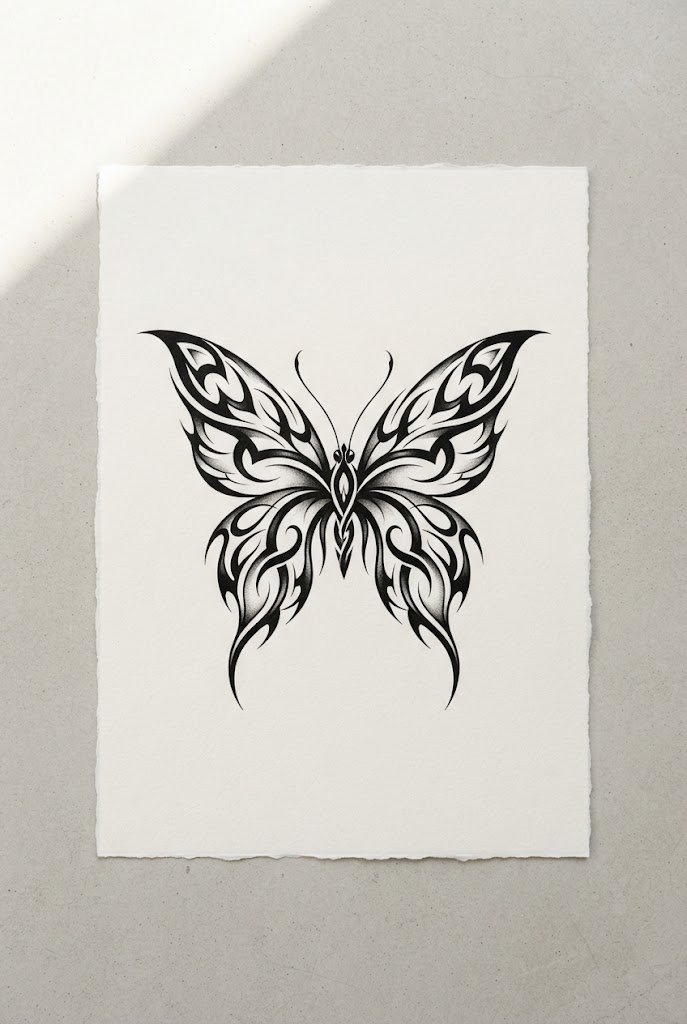 Bold Tribal-Edge Fusion — butterfly tattoo on hip style outfit
