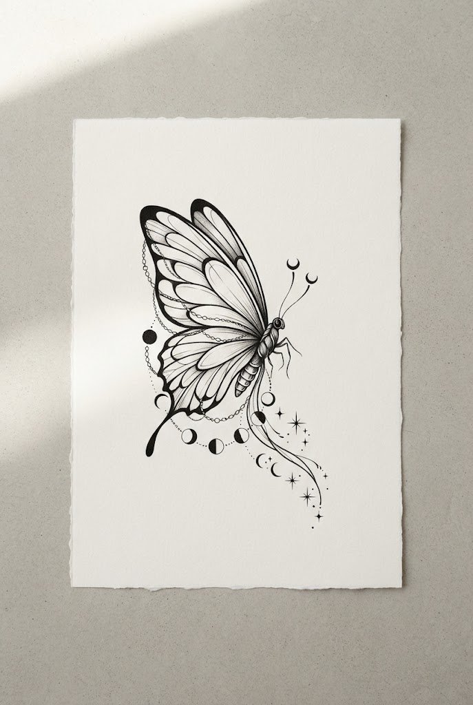 Celestial Moon-Phase Integration — butterfly tattoo on hip style outfit