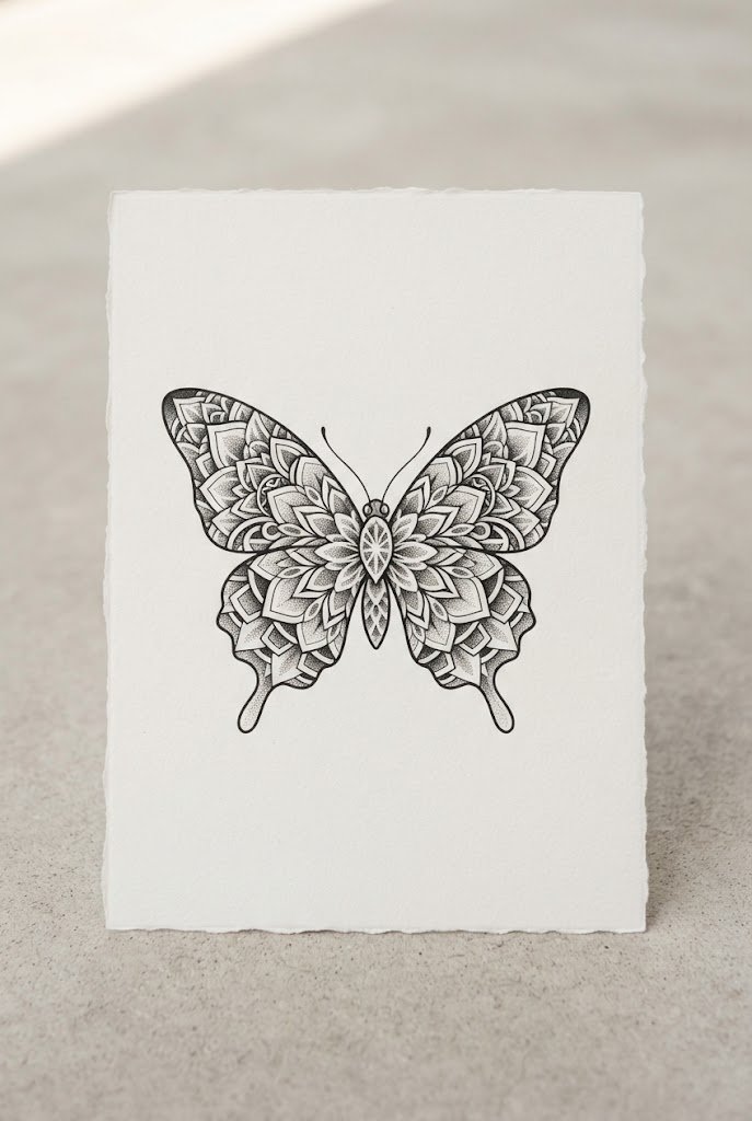 Geometric Sacred Symmetry — butterfly tattoo on hip style outfit
