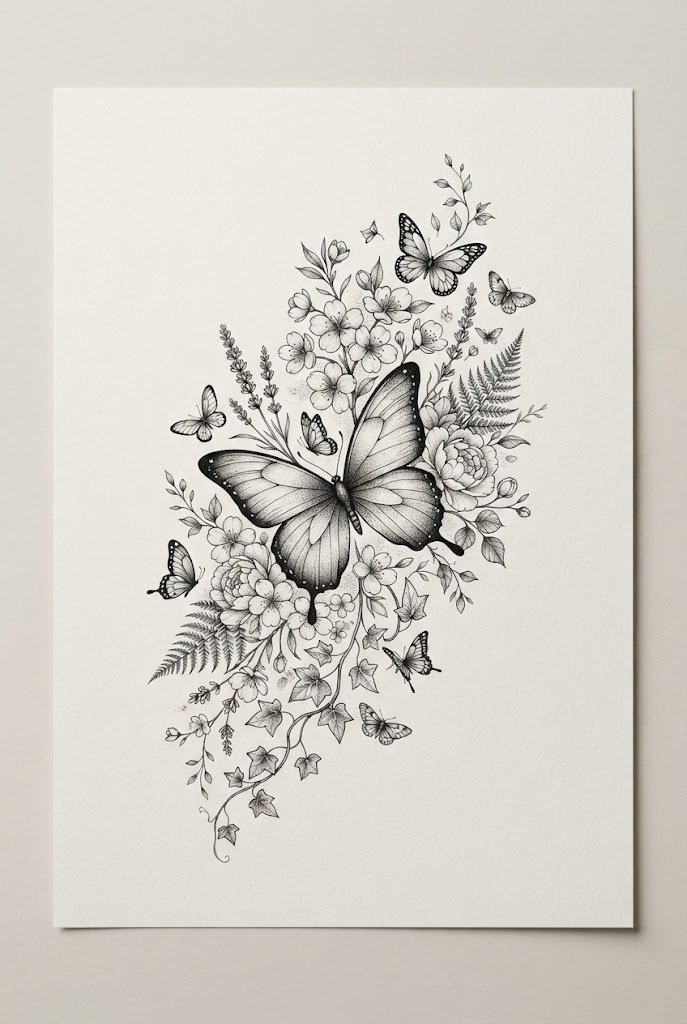 Minimalist Stippled Elbow Crease Flutter — butterfly tattoo sketch style outfit