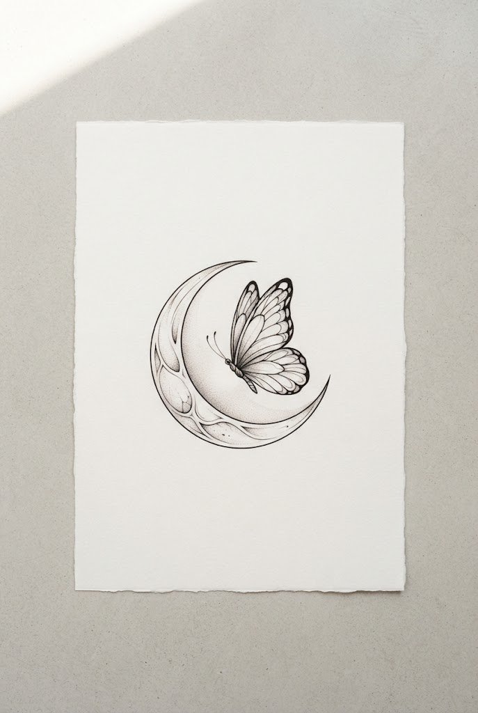Minimalist Crescent Moon and Butterfly — butterfly tattoo under breast style outfit