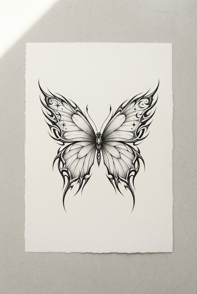 Bold Tribal-Edge Night Fusion — butterfly tattoo under breast style outfit