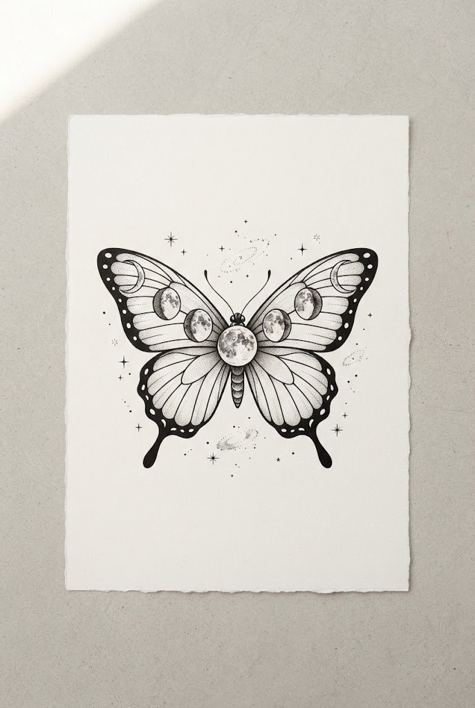 Celestial Full-Phase Integration — butterfly tattoo under breast style outfit