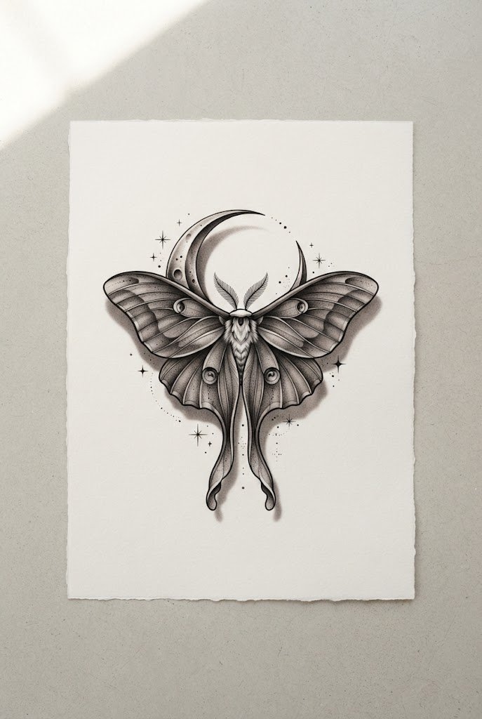 Realistic 3D Shadow Lunar Moth — butterfly tattoo under breast style outfit