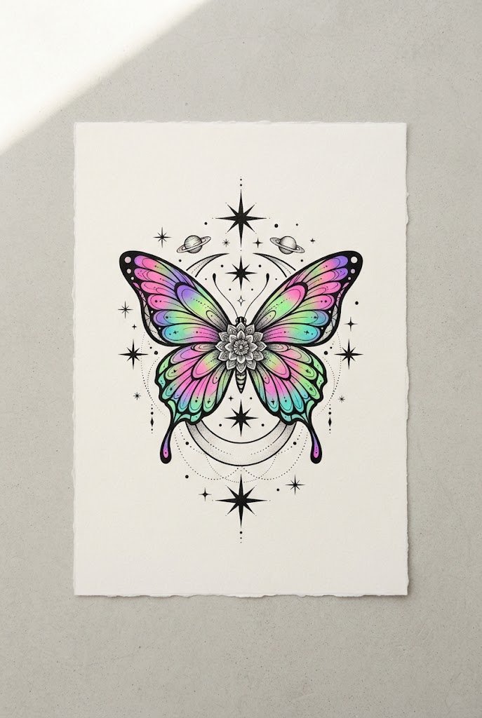 Vibrant Y2K Celestial Glow — butterfly tattoo under breast style outfit