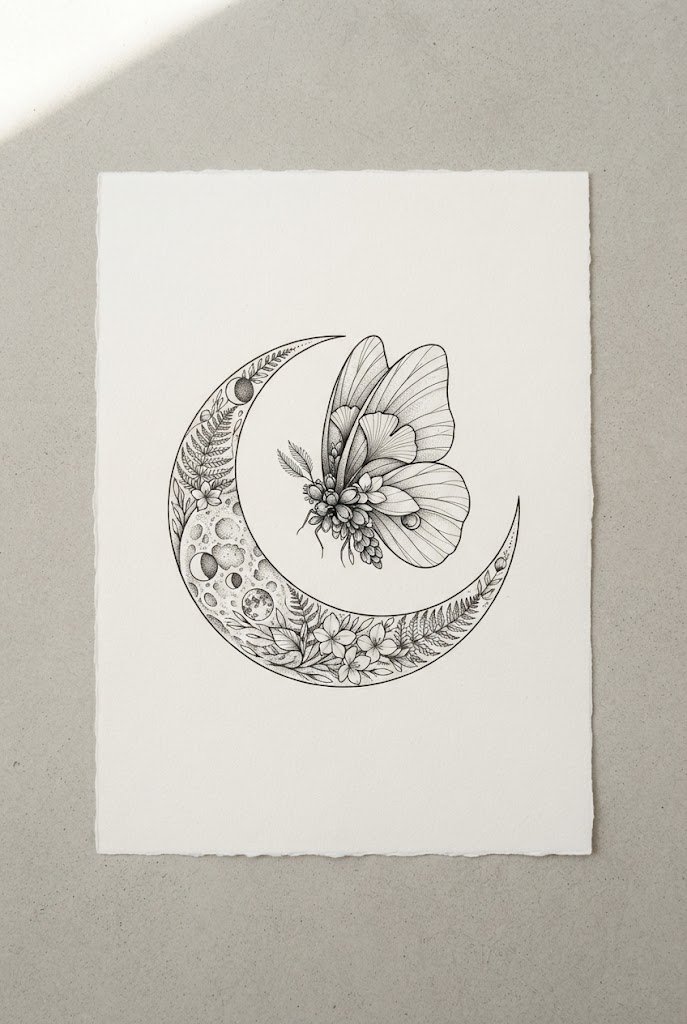 Delicate Botanical Moon Hybrid — butterfly tattoo under breast style outfit