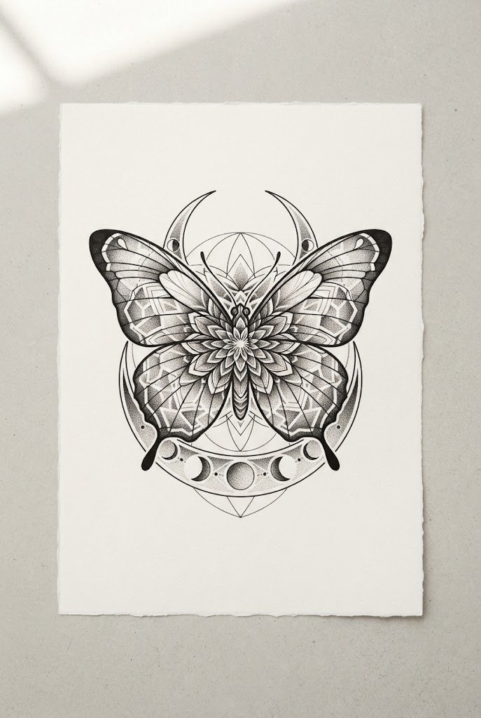Geometric Sacred Moon Symmetry — butterfly tattoo under breast style outfit