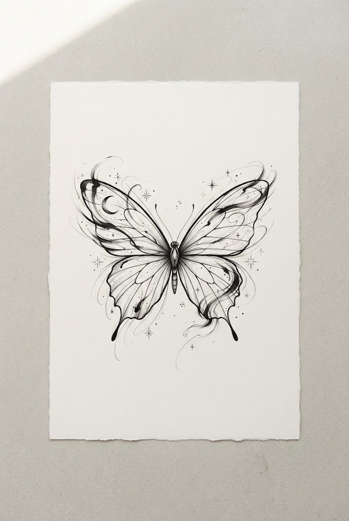 Abstract Minimalist Gestural Sky — butterfly tattoo under breast style outfit